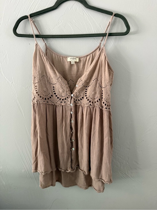 Umgee Tops - Umgee Boho Embroidered Eyelet Babydoll Cami Tank Taupe Medium